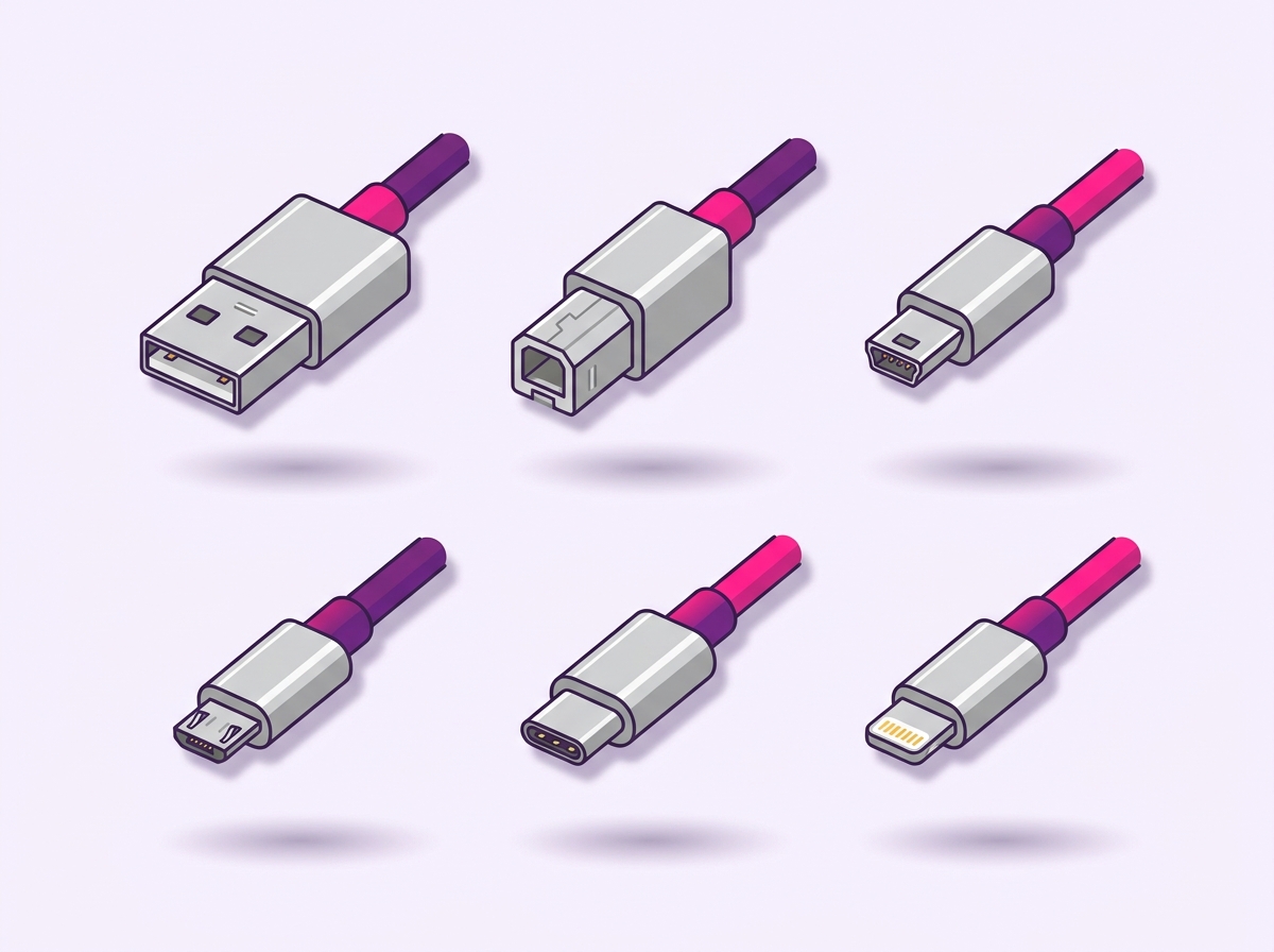 שישה סוגי מחברי USB שונים, ה-USB-C מודגש